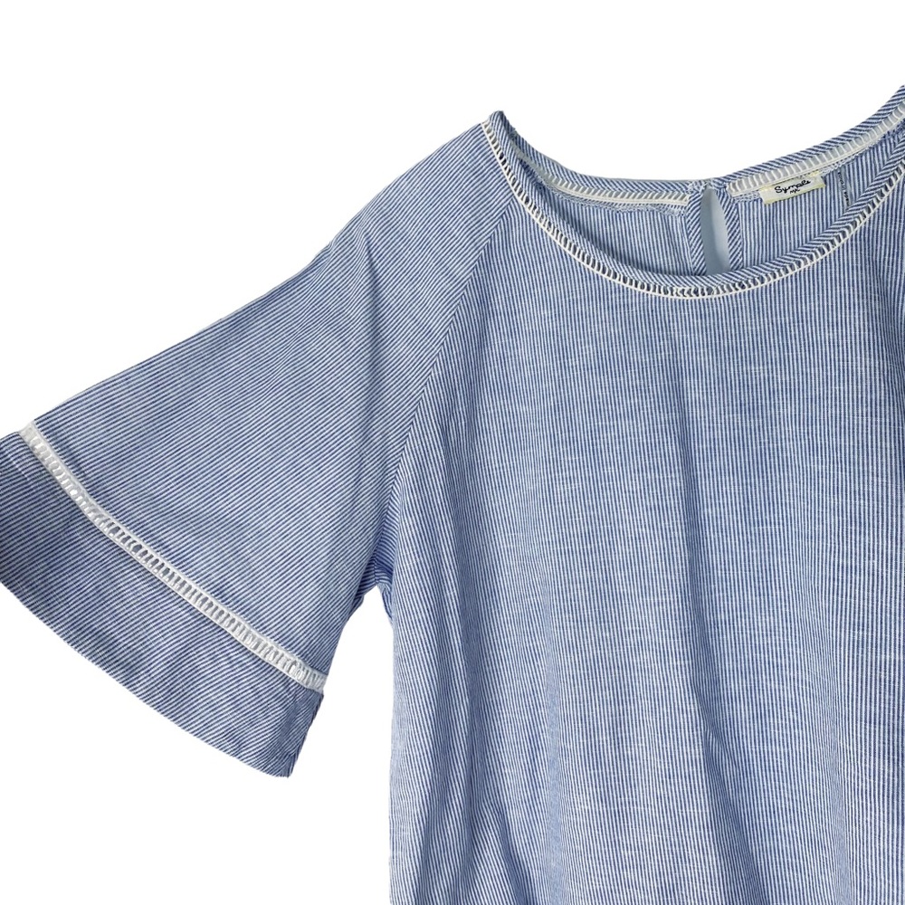 Splendid Linen Ladder Lace Crochet Fluted Bell Sleeve Blue White Striped Large